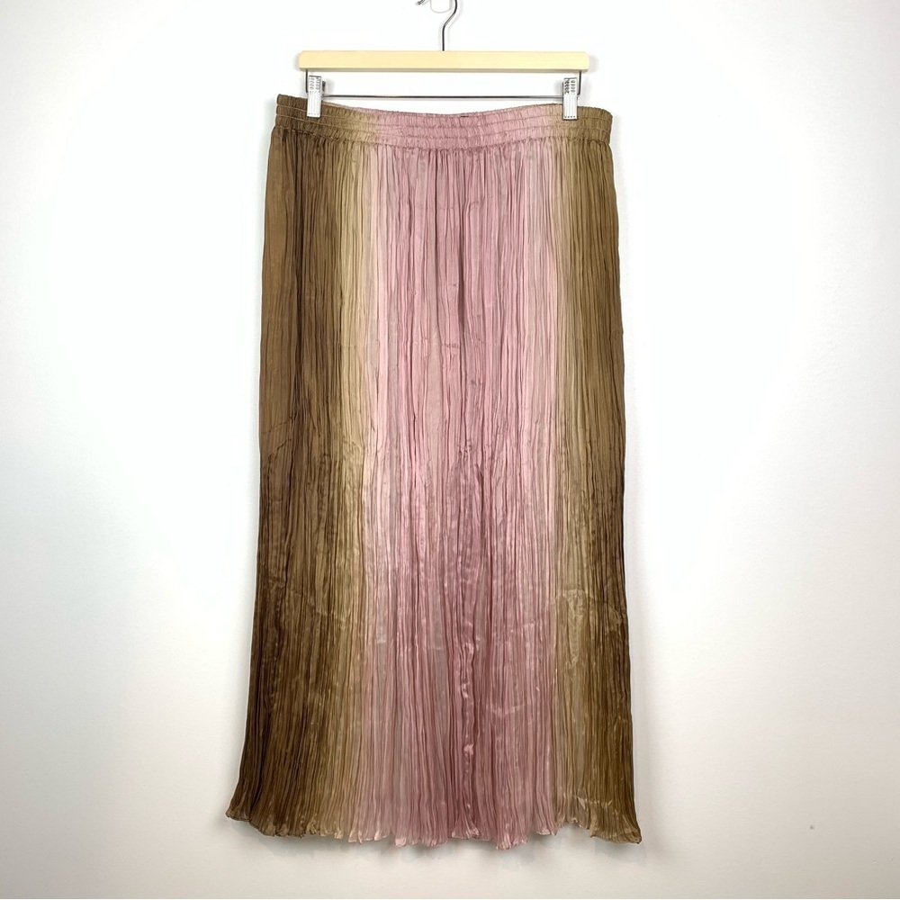 NWT Dana Buchman Silk Skirt Crinkle Pleated Maxi Pink Brown Sz XL Flowy Romantic